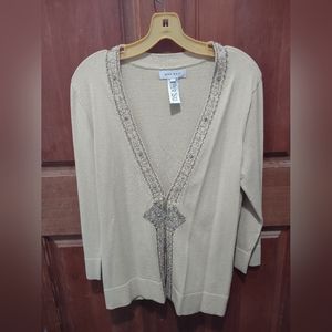 Nine West Sequins Beaded Trim Tan Silver Boho Ladies Long Sleeve Rayon Sweater L